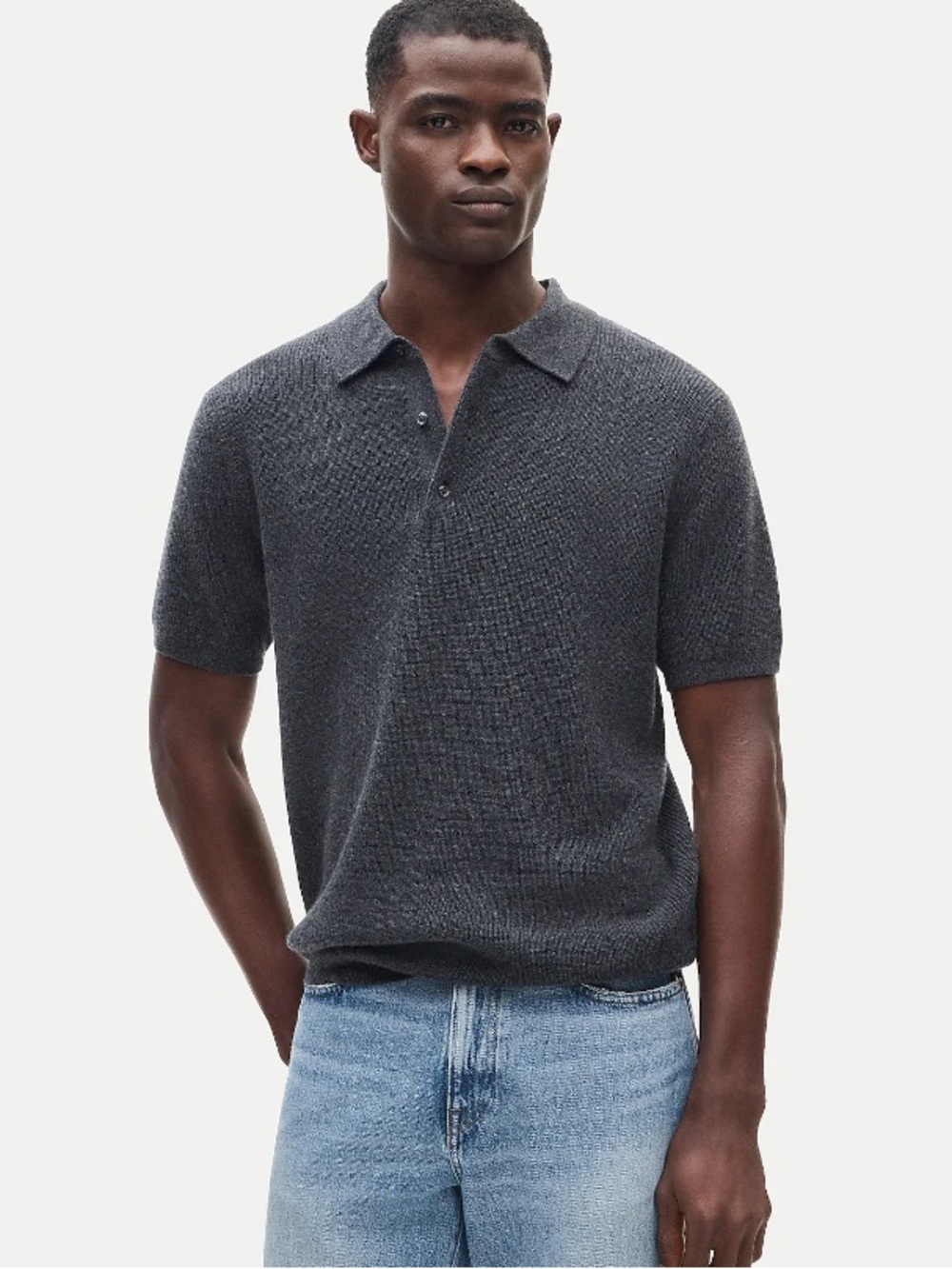 J crew Short-sleeve cashmere rib-knit sweater-polo heather charcoal